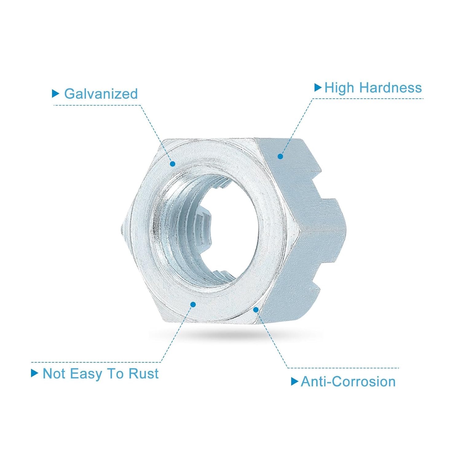 uxcell 1 1/8-7 UNC Hexagon Slotted Nut, Grade 6.8 Zinc-Plated Carbon Steel Hex Nuts Good for Machinery Repairing, Silver, 2Pcs