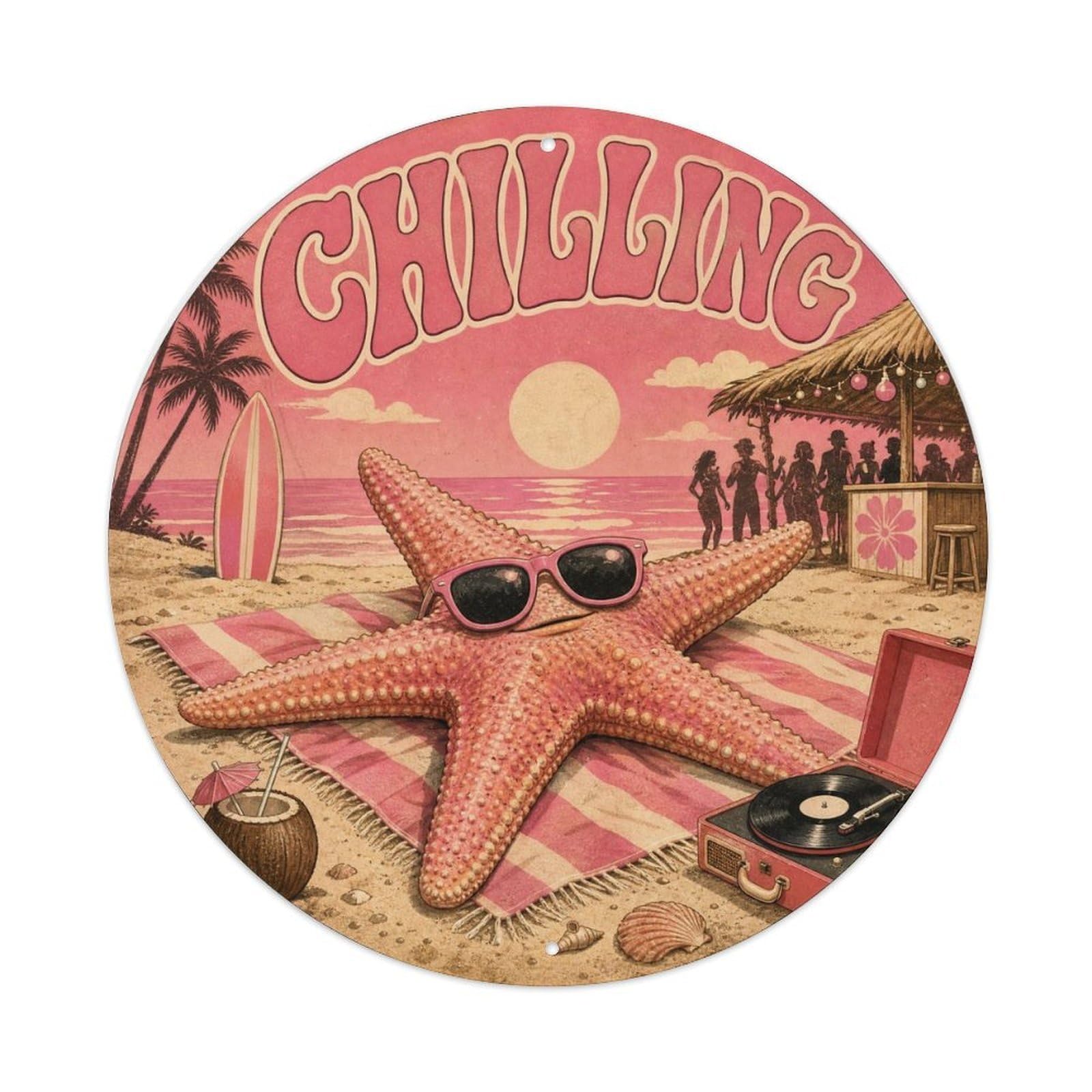 Okngb Style Starfish Chilling Marine Animal Vintage Cartoon Rustic Metal Tin Sign Plaque Wall Decor For Cafe, Man Cave, Club Bar, Office, Home Garden Round Metal Poster 8X8inch