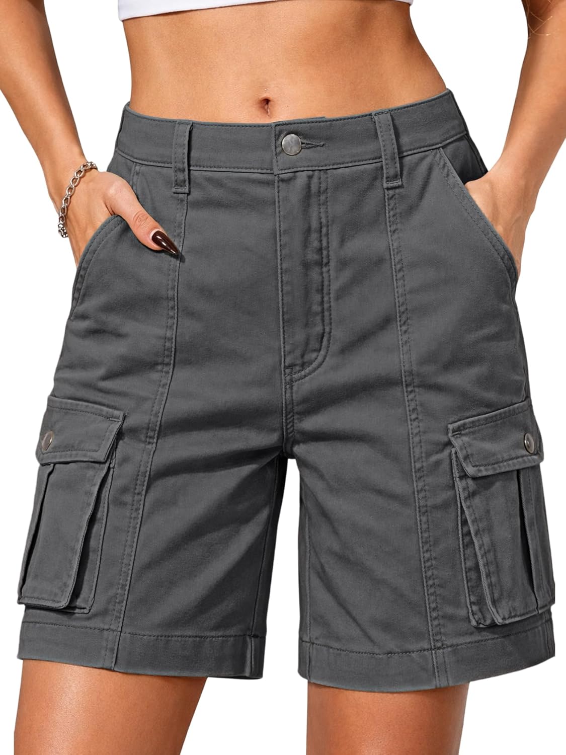 ELLEVEN Bermuda Cargo Shorts Women, Elastic High Waist 6 Pockets Shorts 7 Inch Inseam Summer Jorts for Women Casual