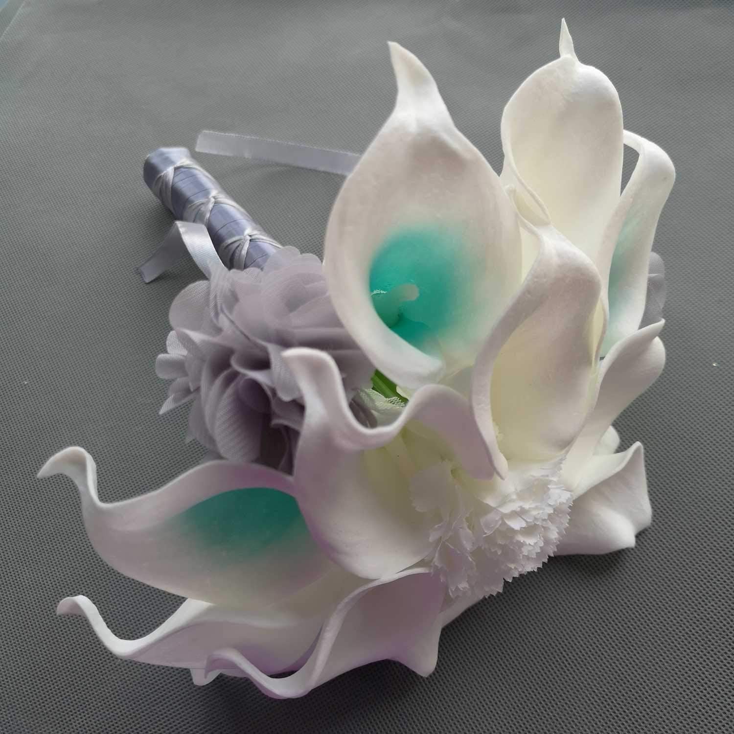 Artificial Wedding Flower Set Turquoise Picasso Calla Lily with Silk Carnation and Hydrangea (Bouquet 15WTG)