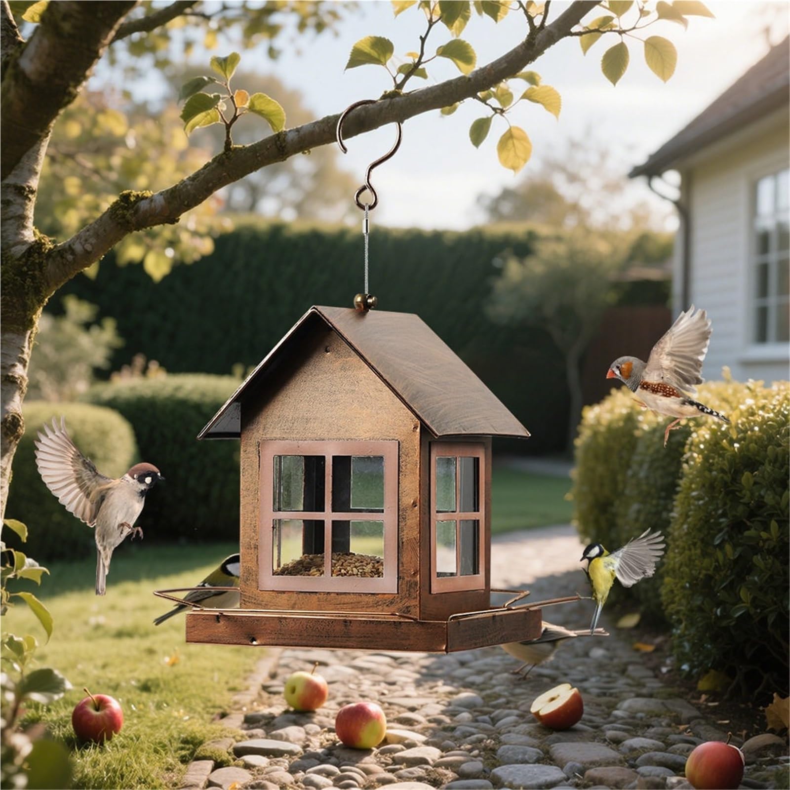 Hängendes Vogelfutterhaus aus Metall for den Außenbereich, wetterfest, großes Fassungsvermögen for Wildvögel auf der Gartenterrasse