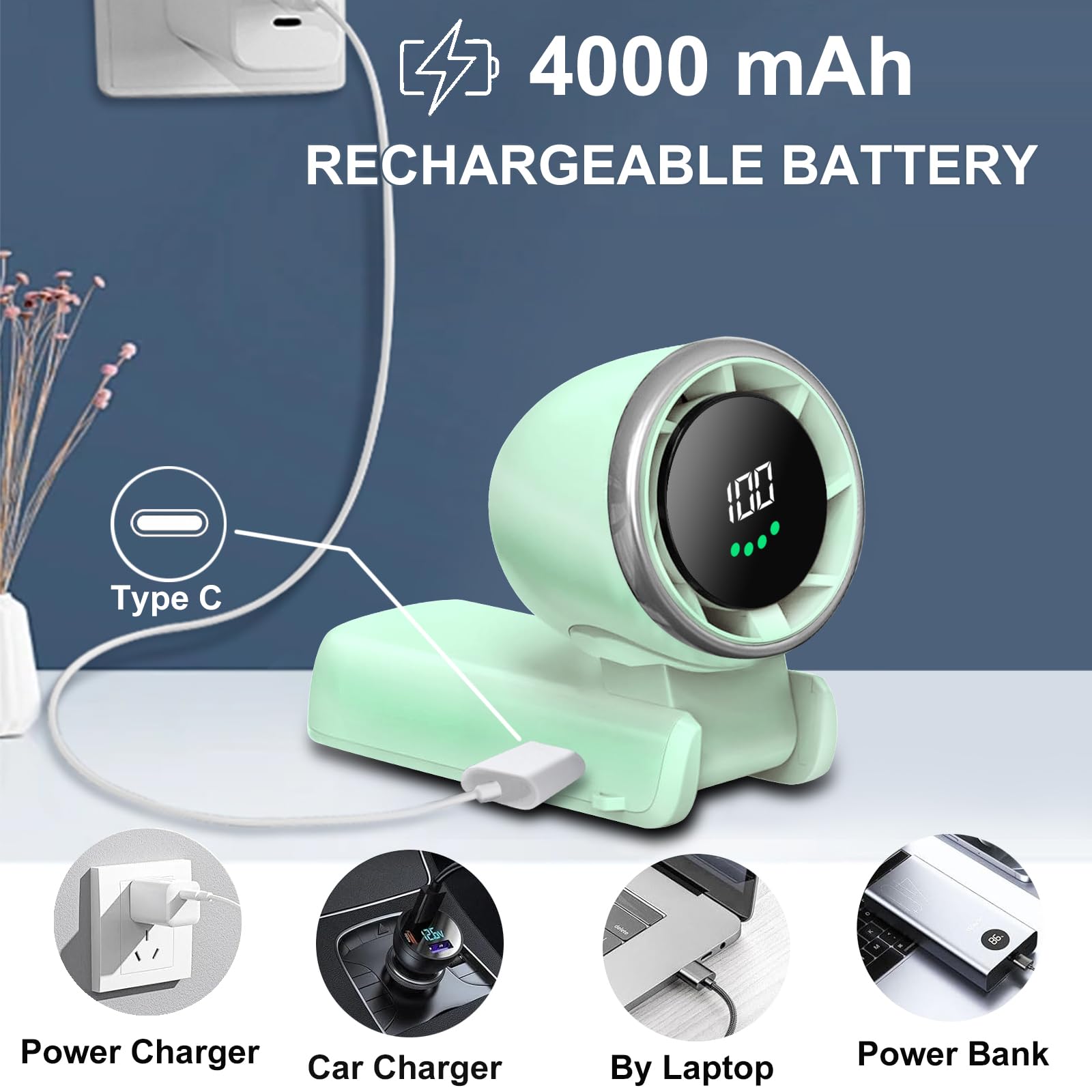 Przenośny ręczny wentylator turbo, 5-biegowy wiatr, ładowanie 4000 mAh, do 12 godzin pracy, wentylator ręczny / biurkowy 3 w 1 z wentylatorem chłodzącym Air Turbo Tech, do aktywności na świeżym