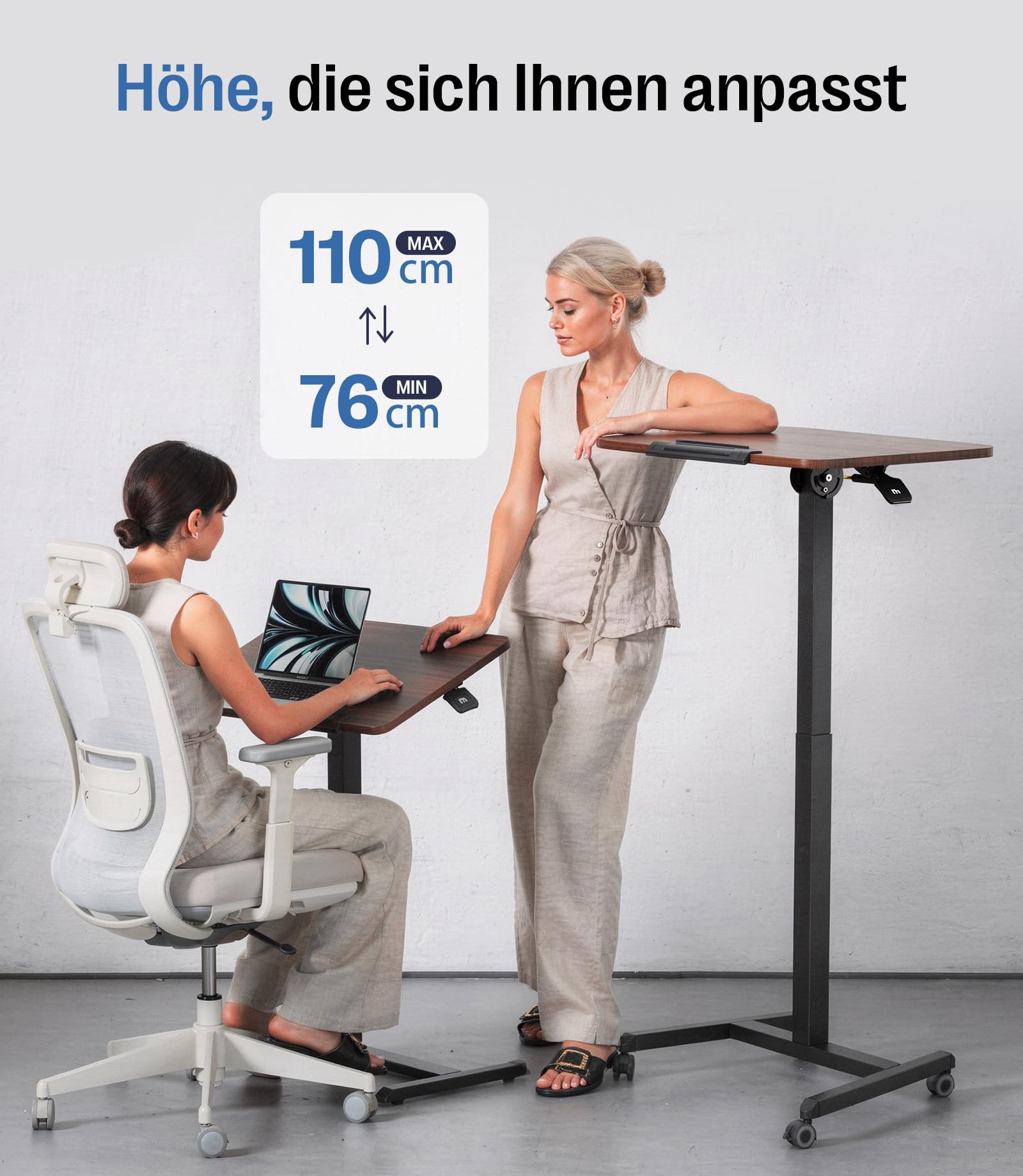 MAIDeSITe Fit Pro Mesa Auxiliar con Ruedas para Ordenador, Mesa Elevadora de Altura de 76 a 110 cm, Pequeña Mesa Elevadora Neumática con Tablero abatible de 90° para Sofá Cama Salón Dormitorio