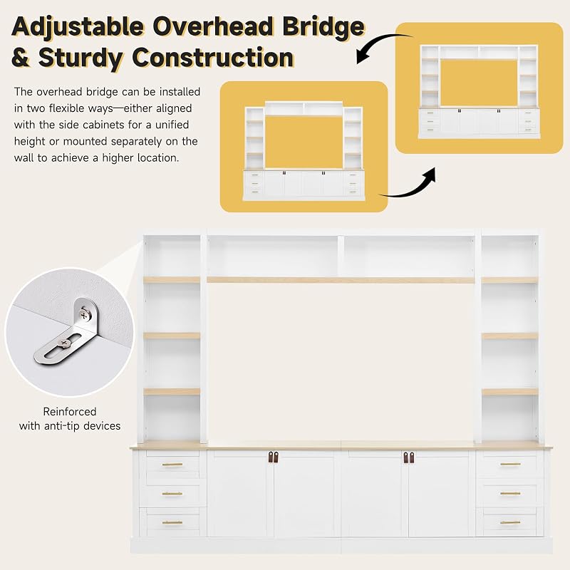 Merax 102.3 Inch Wide Farmhouse Entertainment Center, Rustic TV Stand with 6 Drawers & Adjustable Shelves, Large Media Console for TVs up to 75", Modern Bookshelves Wall Unit, White image 5