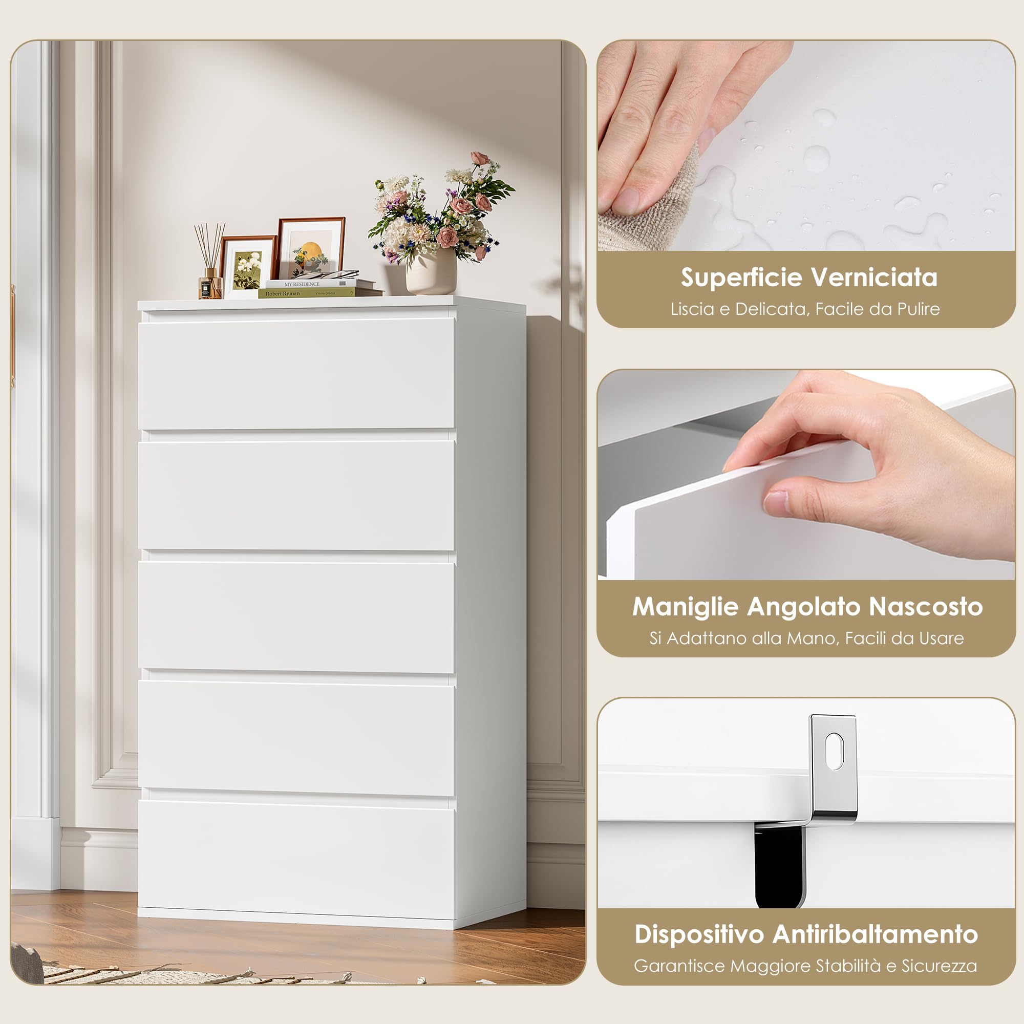 FOREHILL Cassettiera Comodino Bianco con 5 Cassetti Silenziosi e Scorrevoli | Comò Comodino con Cassetti,Senza Maniglia,Design Salvaspazio Verticale,Ingombro Ridotto,per Corridoio Cameretta,55x33x100cm