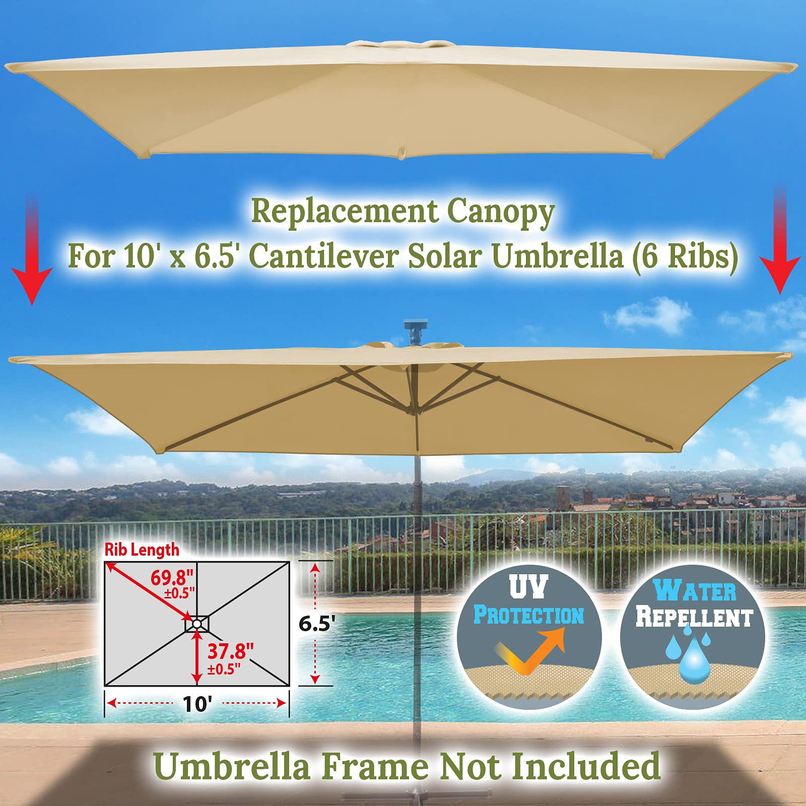 BenefitUSA Replacement Canopy Top Cover for 10' X 6.5' Cantilever Patio Umbrella Offest Parasol Top Replacement(Canopy Only)(Beige)