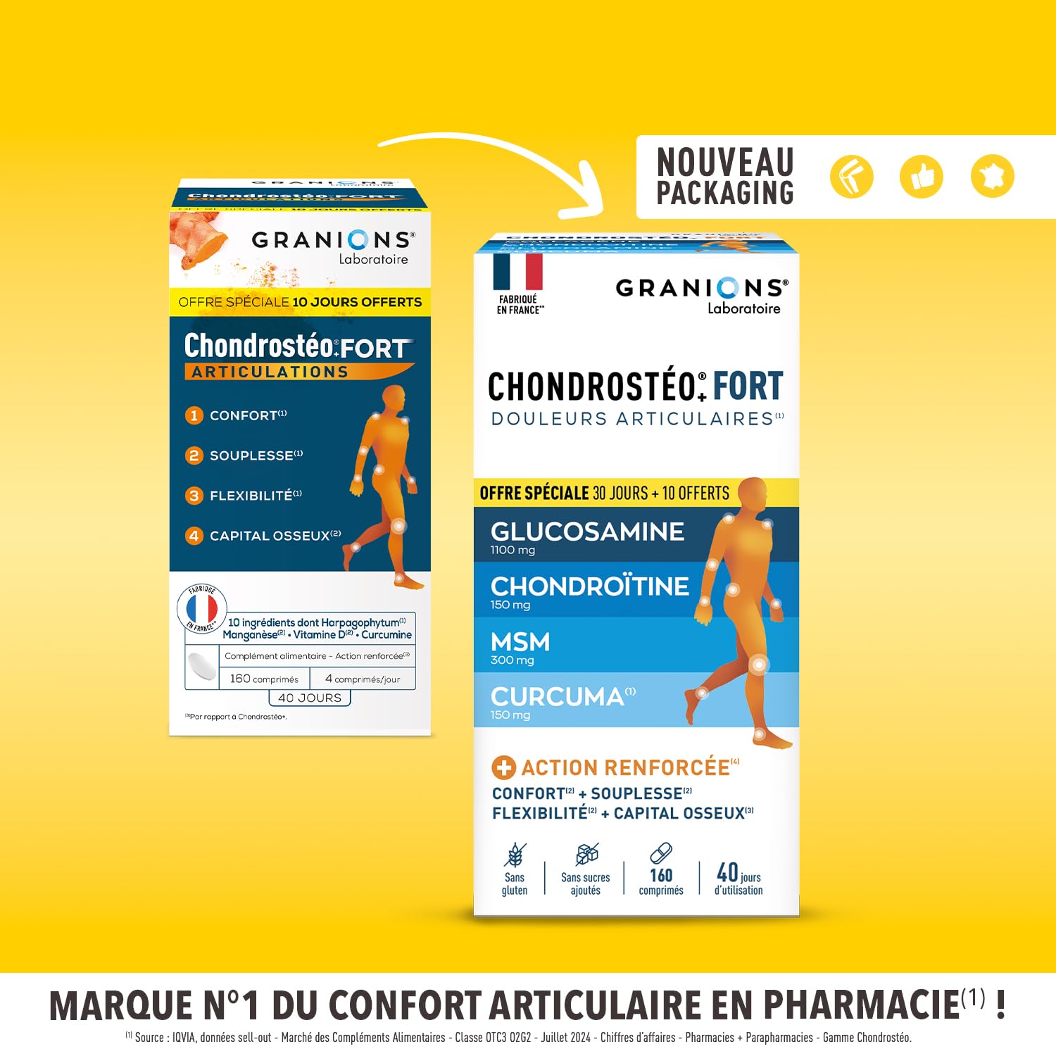 GRANIONS| Chondrostéo+ FORT Articulations | Formule Renforcée| Mobilité & Souplesse Articulaire, Flexibilité, Capital Osseux | Glucosamine, Chondroïtine, MSM, Harpagophytum | 160 comprimés