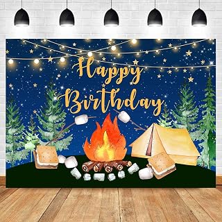 Sensfun Camping Birthday Backdrop Campfire Happy Camper Birthday Decorations Forest S'Mores Camping Adventure Birthday Party Photography Background Vinyl Cake Table Banner Supplies 7x5ft Multi