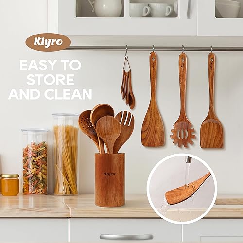 Miniatura 5 de Cucharas de madera para cocinar, juego de utensilios de cocina antiadherentes con 4 cucharas medidoras, juego de espátulas de madera de agarre