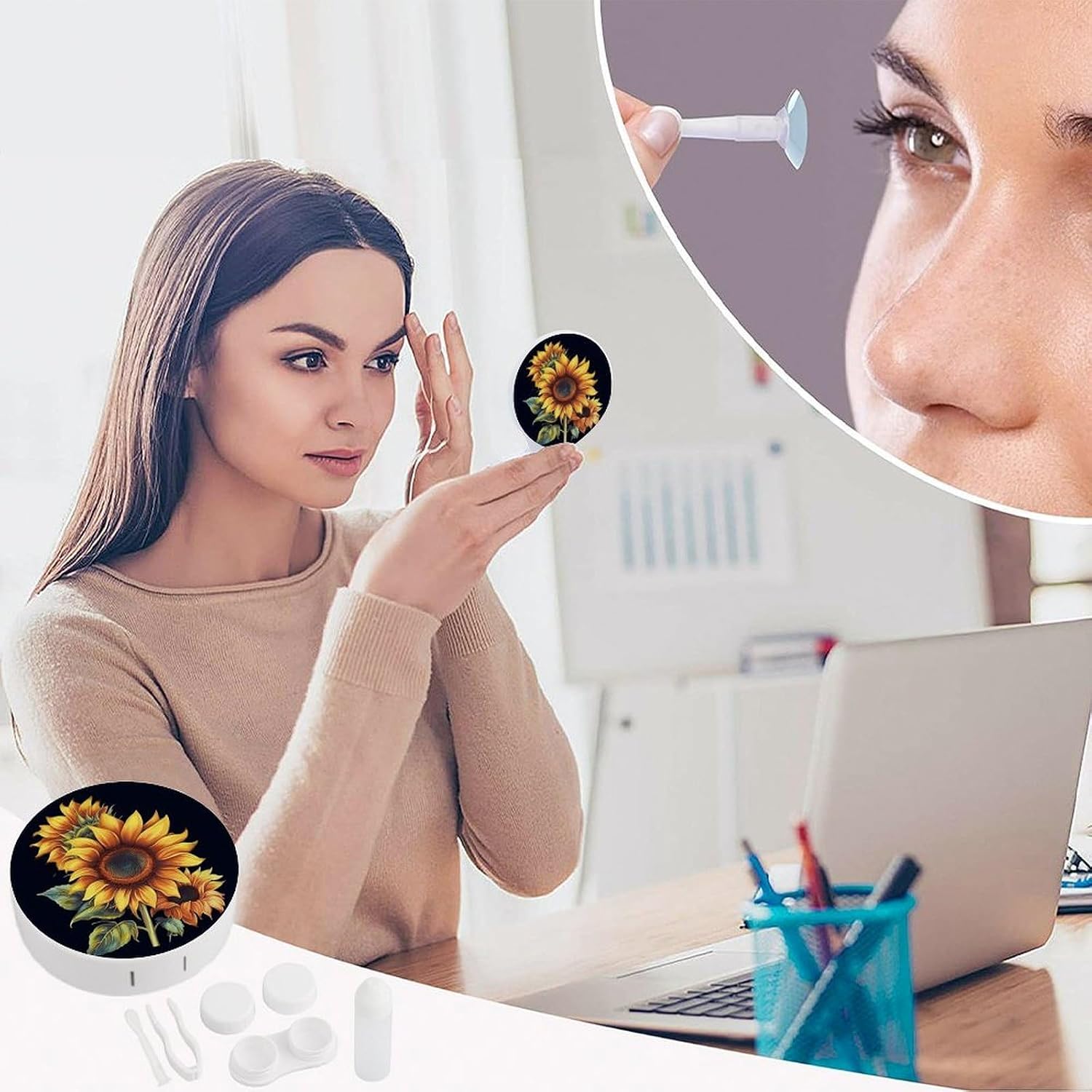Summer Sunflower Contact Lens Case Portable Contact Lens Applicator Removal Tool Kit Cute Round Eyeglass Cases with Mirror for Daily Vision Care And Outdoor Use