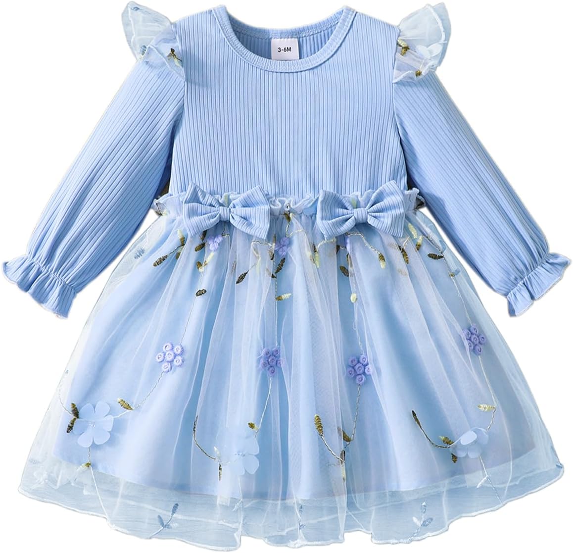 Infant Toddler Girls Fall Floral Print Dress Outfit Long Sleeves Knit Ribbed Mesh Tulle Skirt Patchwork Bowknot Dress Set