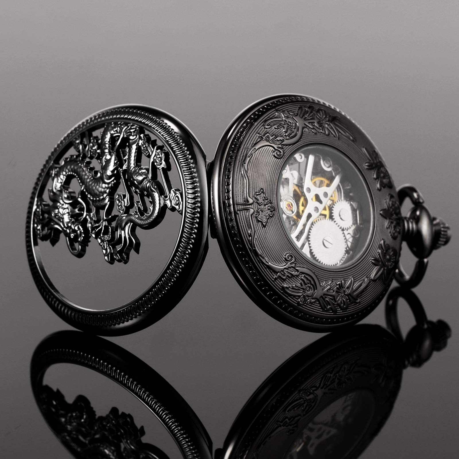 TREEWETO Orologio da taschino meccanico da uomo, con scheletro, drago cavo, con catena e scatola