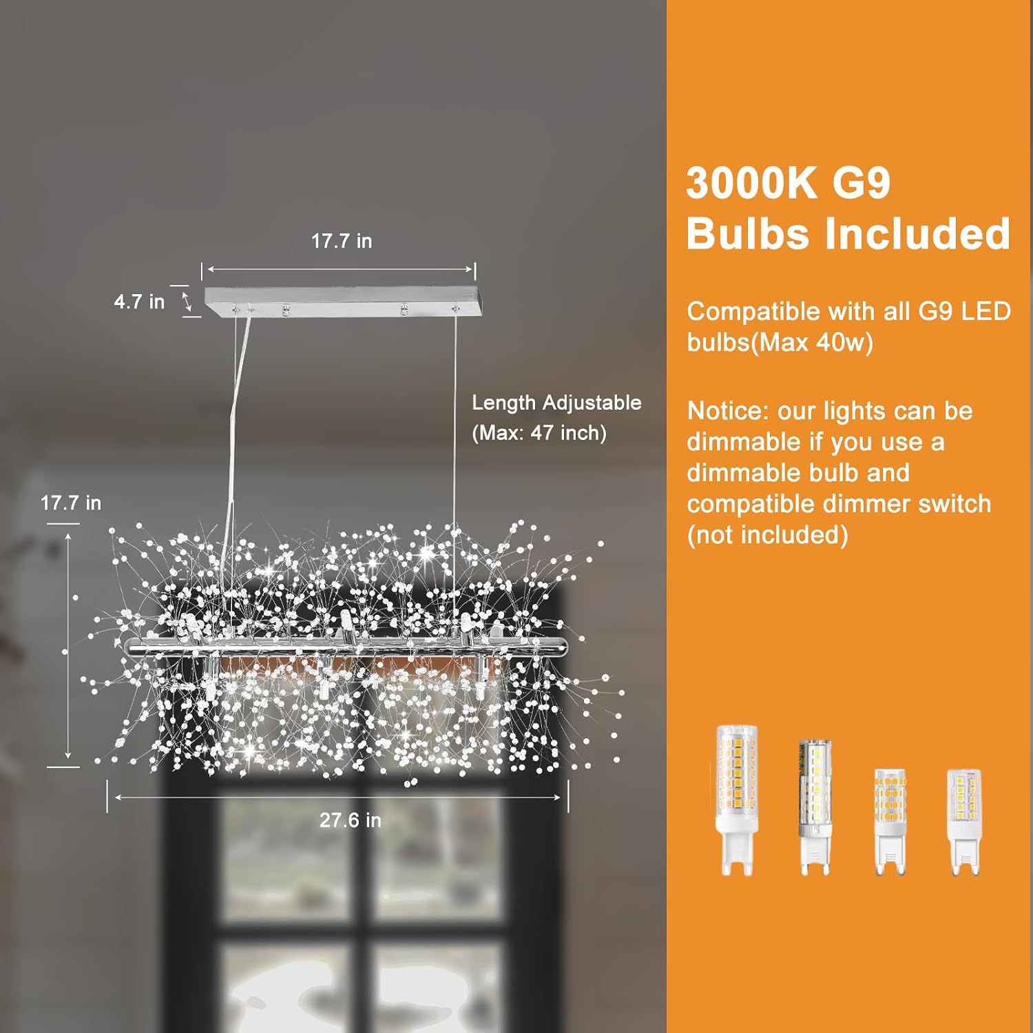 Depuley 27.5" Modern Silver Crystal Firework Chandelier, 9-Light Crystal Light Fixture Hanging, Linear Dandelion Chandelier, Sputnik Ceiling Pendant Light Fixtures for Dining Room(G9 Bulbs Included)