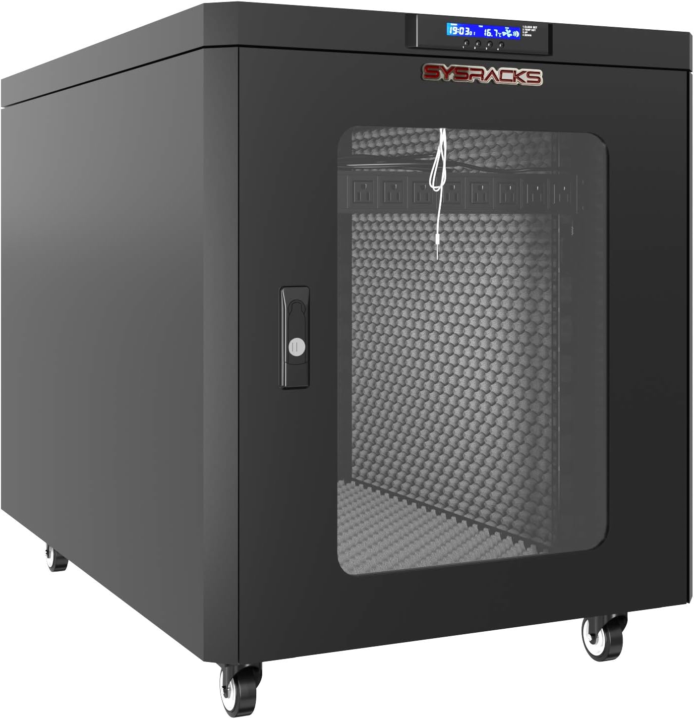 Soundproof Server Rack Cabinet – Quiet Acoustic 19” Network Enclosure with Dual Fans, Thermostat Control, Locking Glass Door, Floor Standing Rack (12U)