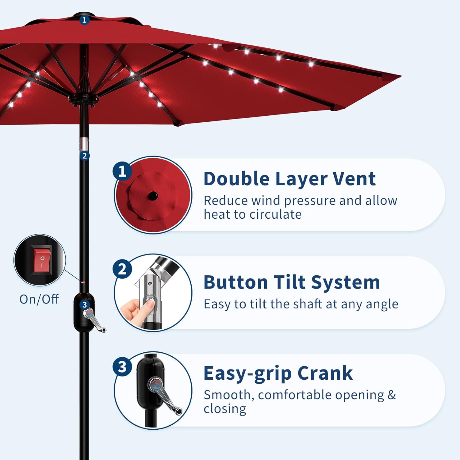 Patio Umbrella with Solar Lights, Outdoor Table Umbrella with 8 Durable Ribs, Tilt & Crank Mechanism, Waterproof & UV Protection for Garden, Backyard, Poolside (Red, 10 FT)