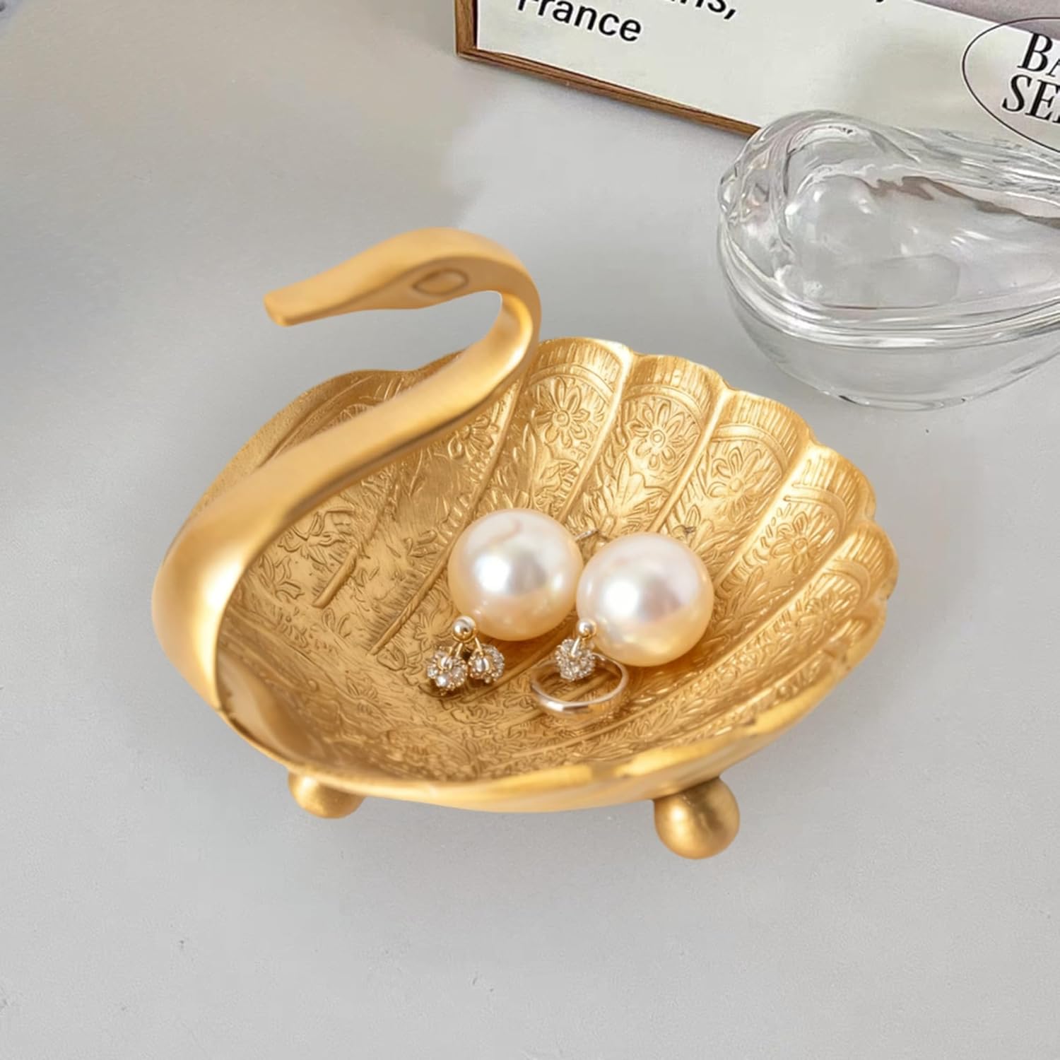 Vintage Brass Peacock Jewelry Dish Bowl Ring Earring Holder Trinket Tray Small Decorative Metal Tray Mother's Day Birthday Christmas Gifts for Women (Gold)