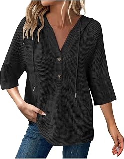 Shirts For Women Trendy 3/4 Sleeve Button Summer Waffle Hoodie Henley V Neck Blouses Casual Solid Elbow Sleeve Tops