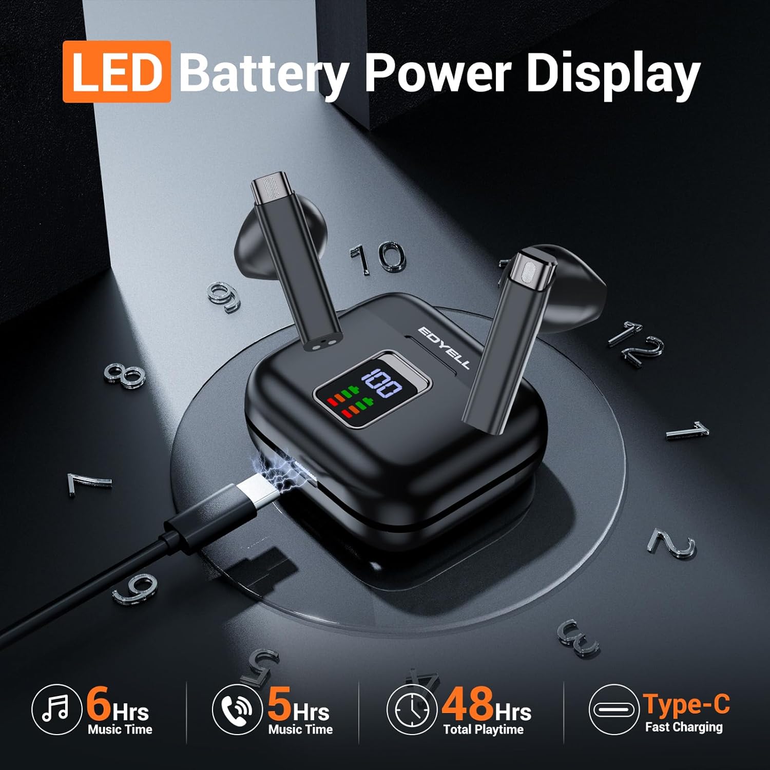 Sarung pengecas fon telinga EDYELL V1 dengan paparan bateri LED yang menunjukkan cas 100% dan kabel pengecas Jenis-C disambungkan.