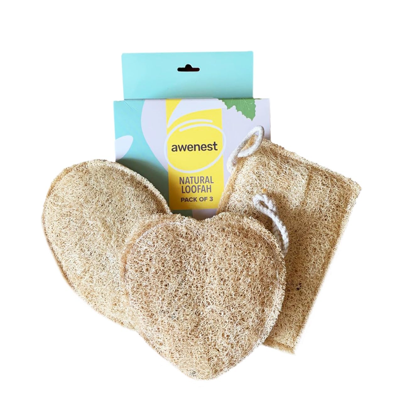 awenest 100% Natural Sun-Dried Loofah | Organic Bath Scrubber for Women & Men | Gentle Exfoliating Body Scrub Sponge | Eco-Friendly, Biodegradable Body Brush | Removes Dead Skin | Pack of 3
