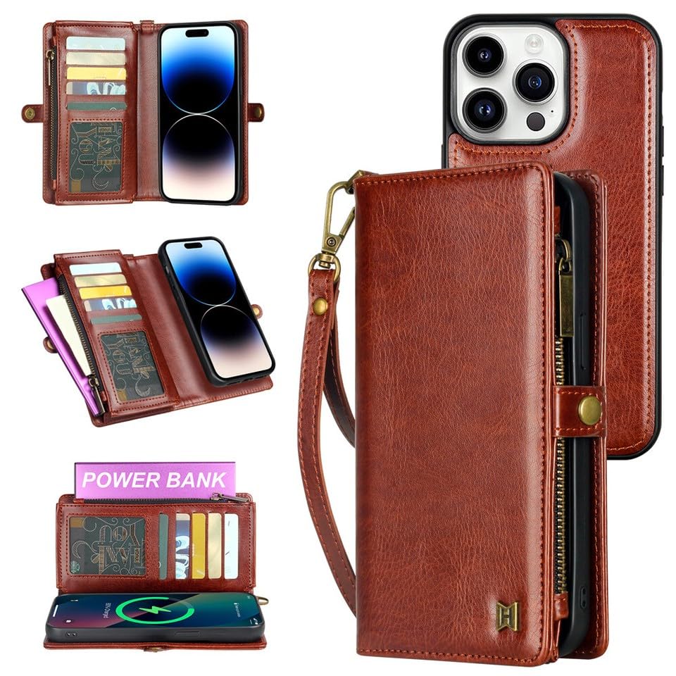 Étui portefeuille iPhone 15 Pro en cuir marron chic et haut de gamme