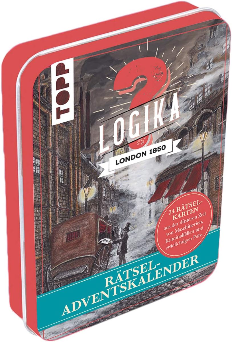 Rätsel-Adventskalender - Logika London 1850: 24 Rätselkarten aus der düsteren Zeit von Maschinerien, Kriminalfällen und zwielichtigen Pubs. Mit ... 24 Stickern. Metalldose ca. 15 cm x 10,5 cm