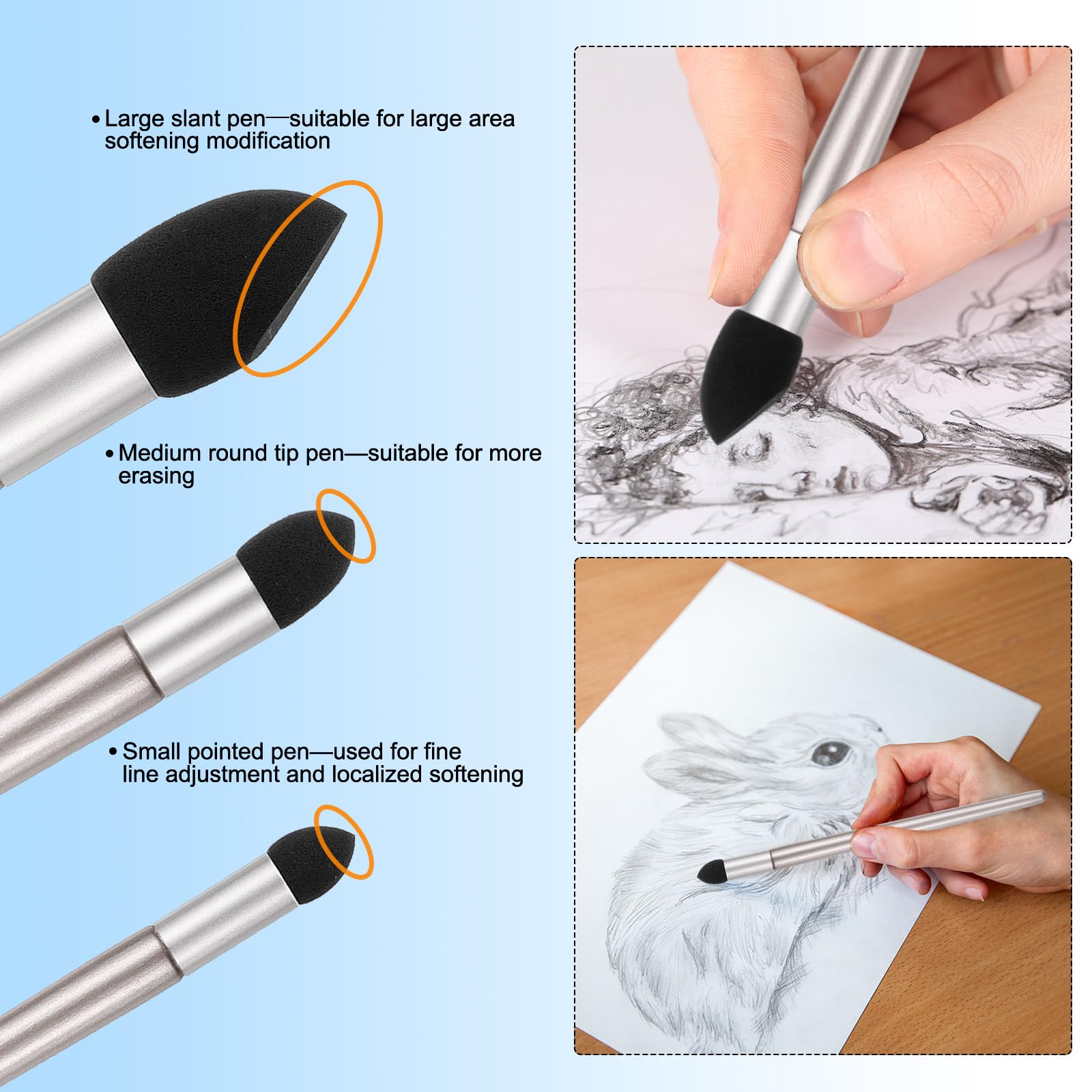PATIKIL 3 Size Blending Stump Artist Blending Sponge Pen, 2 Set Washable Reusable Rubbing Sponge Brush Sketch Modification Sponge Pen Art Blenders Tool for Drawing Correction, Rose Gold - Image 4