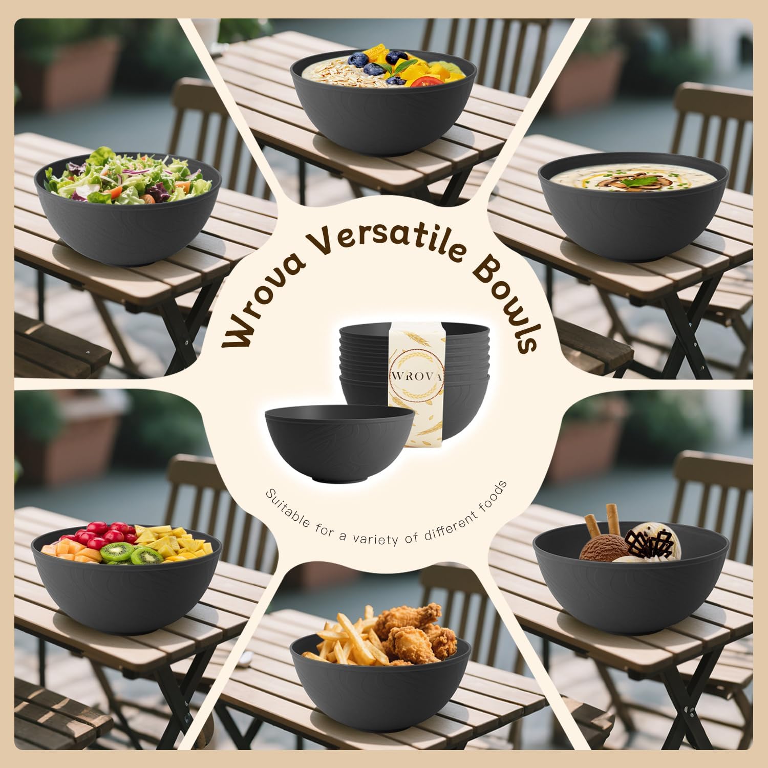 Wrova Black Cereal Bowls 40oz for Cereal Lover,Unbreakable Alternative Plastic Bowls Set of 6,Extra Thick Anti-Scald Bowl Sets suitable for Salad,Soup and Fruit. - Image 5