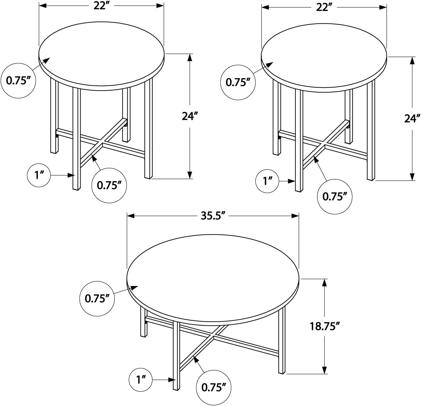 Monarch Specialties Coffee Set of 3 for Living Room Round Metal Legs Includes Cocktail 2 End Ocassional Table Set, Taupe: Furniture & Decor