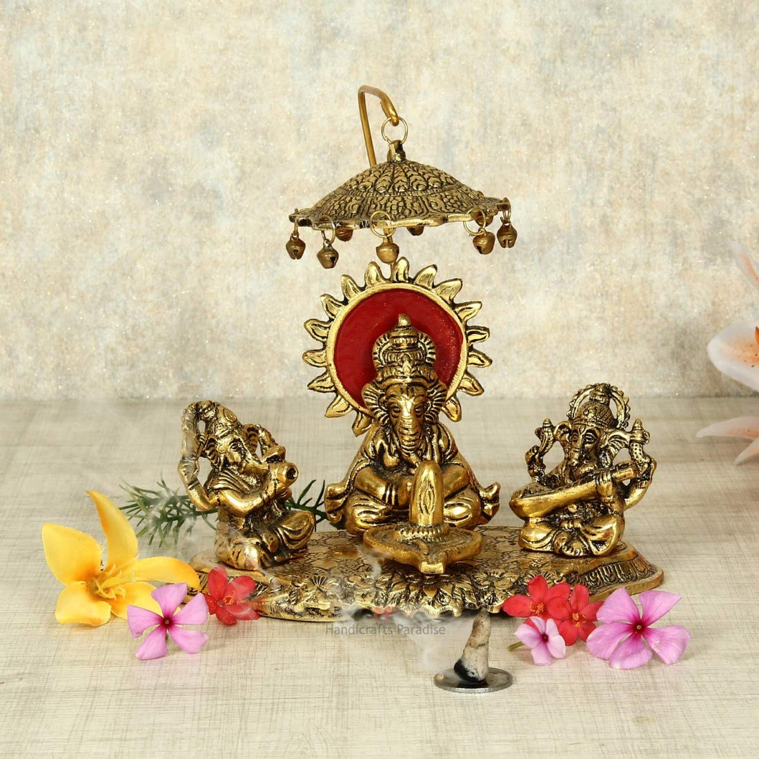 Handicrafts Paradise Musical Chhatra Ganesh Idol with shivling Metal Statue Showpiece - 7 inch