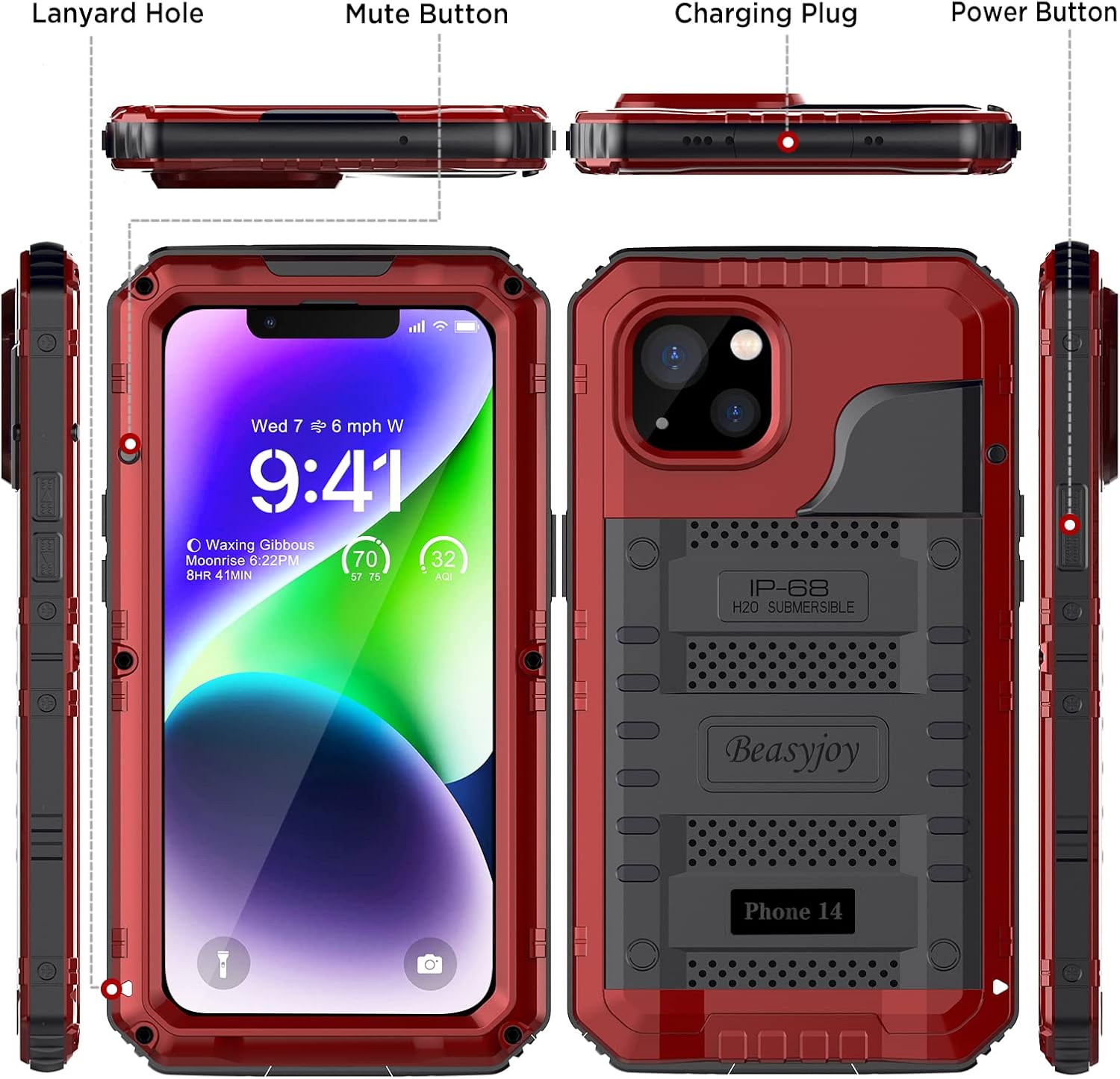 Beasyjoy for iPhone 14 Case Waterproof, Metal Heavy Duty Full Body Protective Case with Built-in Screen Protector, Military Grade Shockproof Dustproof Defender Rugged Cover 6.1 Inch, Red