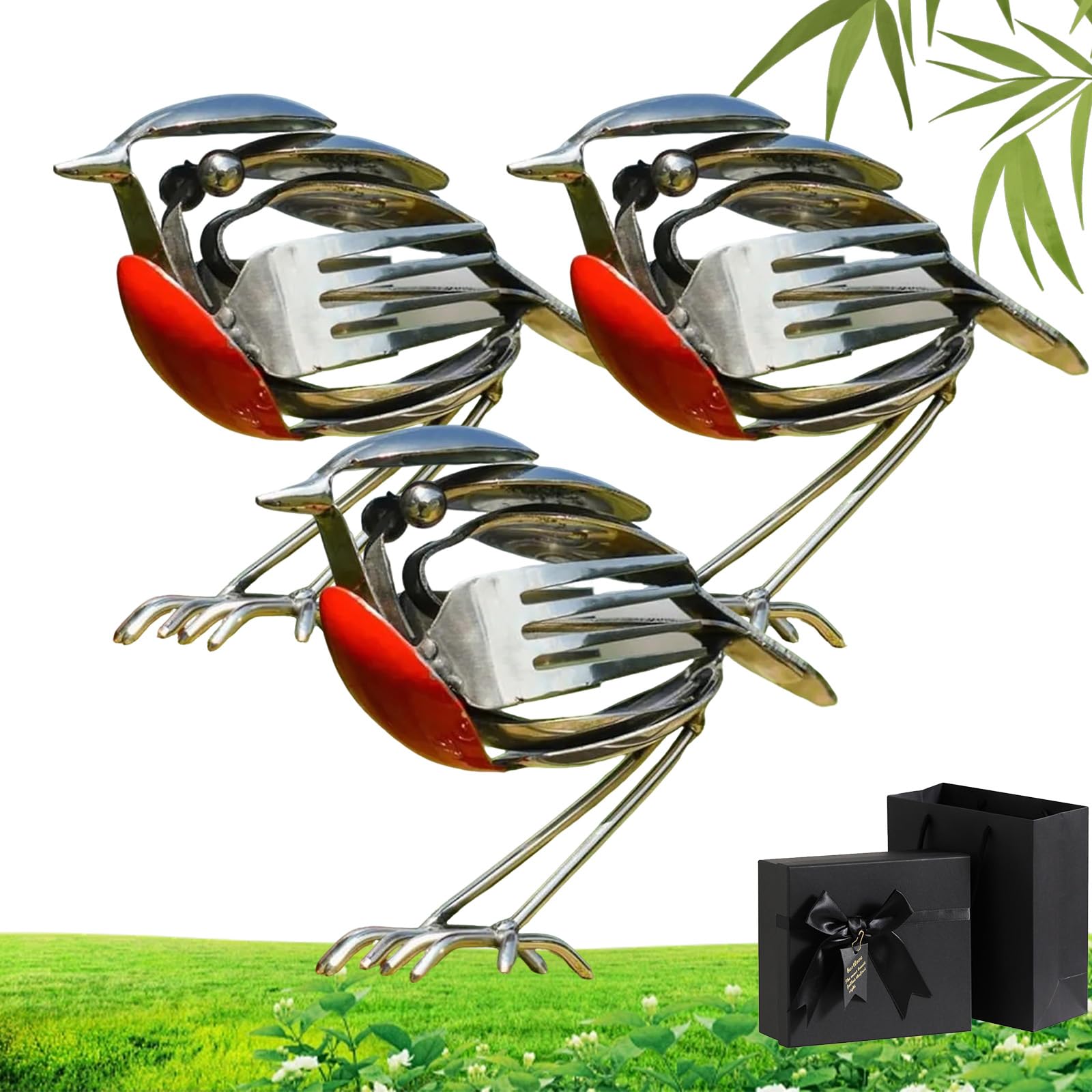 Qosneoun Robin Metal Bird Sculpture, Hope Wings Metal Robin, Garden Ornament, Handcrafted Steel Cutlery Art Statue, Unique Decorative Ornament for Garden, Patio or Office Desk (3 PCS)