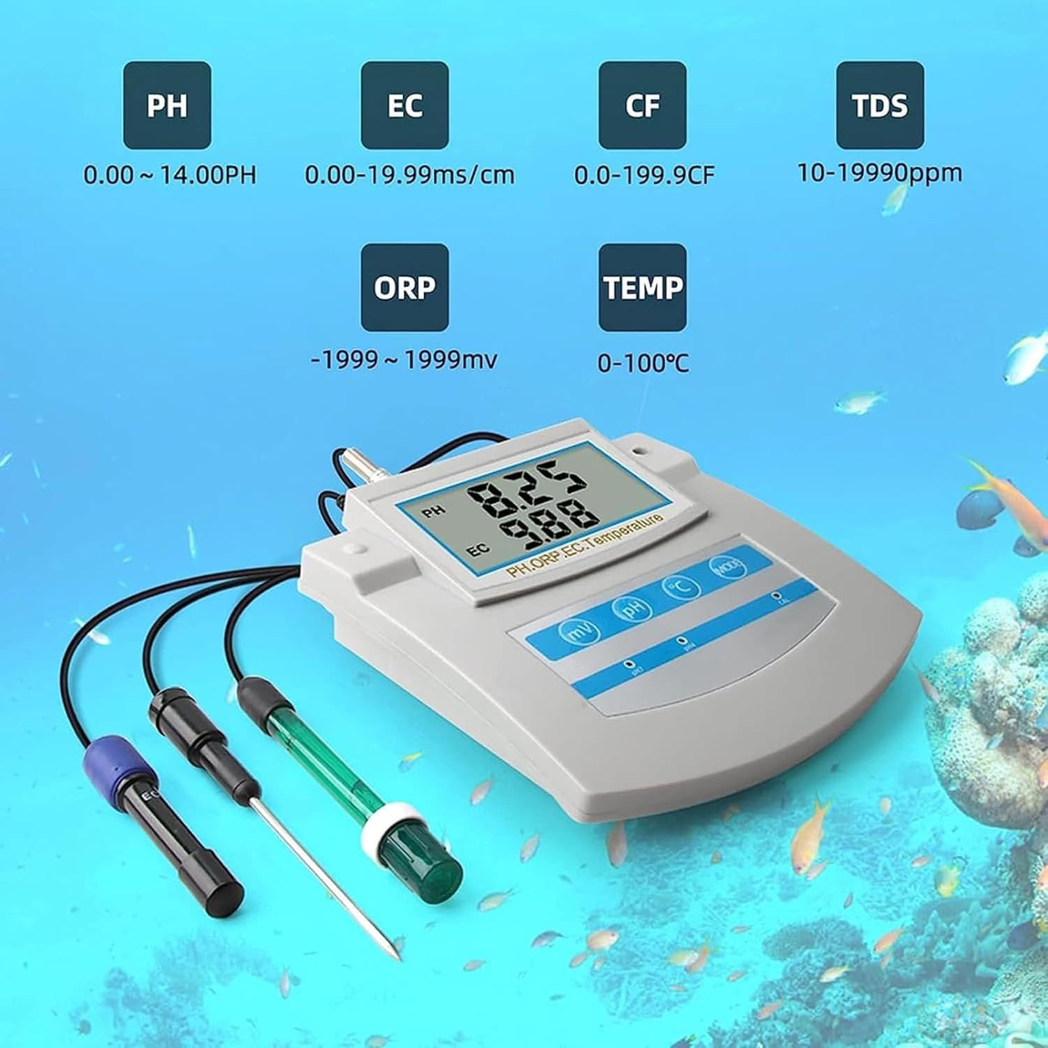 Laboratoryjny monitor jakości wody, cyfrowy miernik temperatury pH ORP TDS EC CF z automatyczną kompensacją temperatury do akwariów i rybołówstwa, tester stołowy, wykrywanie mikrokomputera