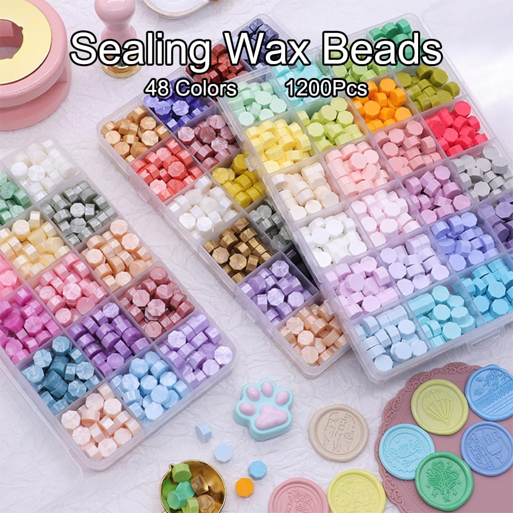 Lot de 1200 perles de cire à cacheter 48 couleurs kit timbre de sceau en cire pour lettres invitations mariage