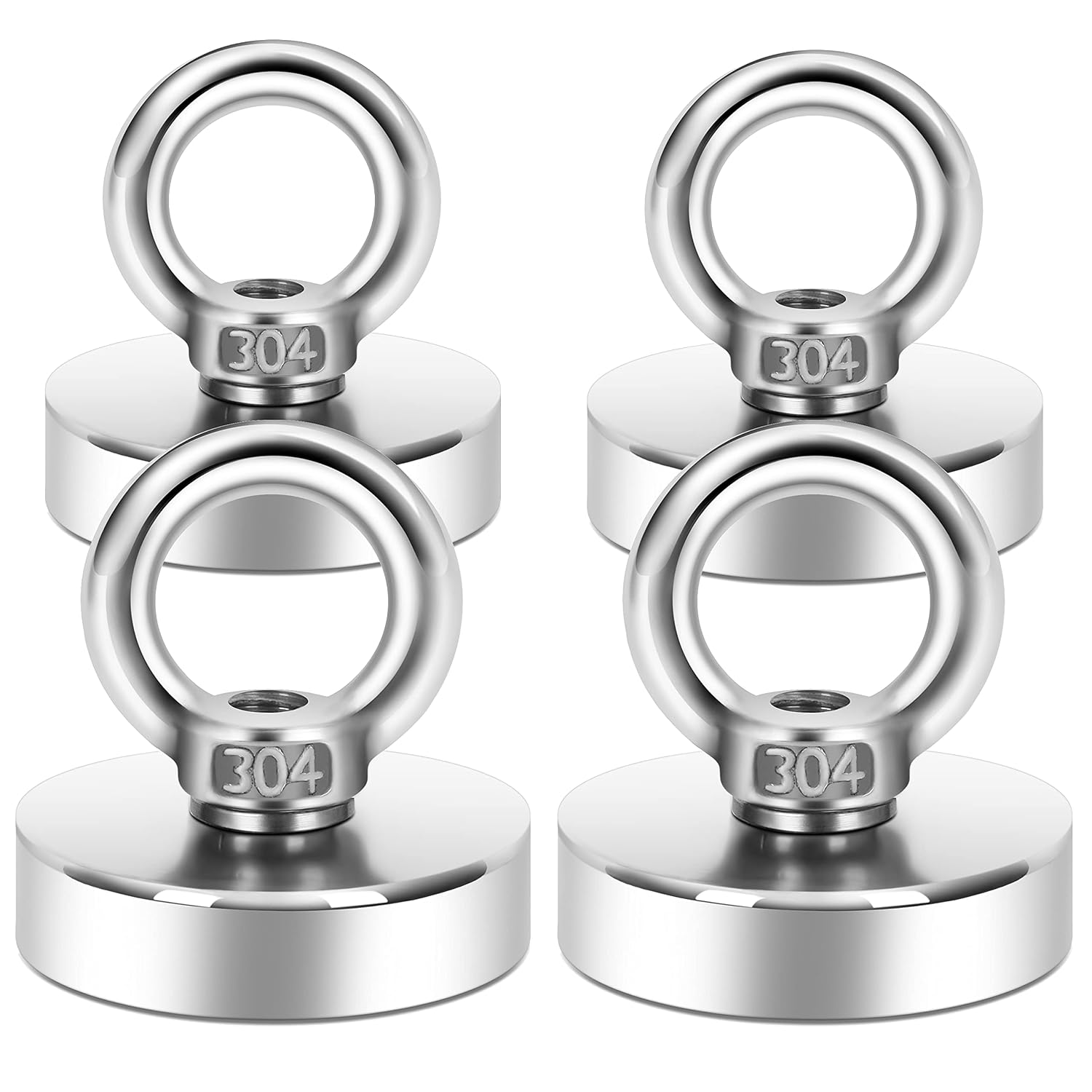 Neosmuk Fishing Magnets, 100LBS+ Pull Up Force 1.26 inches in Diameter Rare Earth Magnet with Stainless Steel Eye Bolt for Retrieving in River and Magnet Fishing(Silvery White,Pack of 4)
