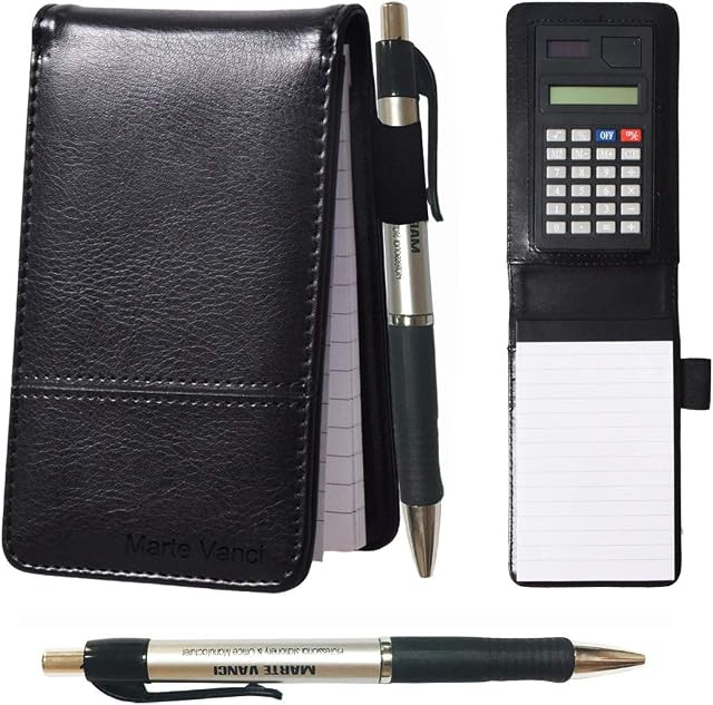 KXF A7 Pocket Notebook Leather Small Shopping Note Pad Handy Memo Pad Book Ruled Reporters with Pen and Calculator, Replaceable Writing Pad, 80 Pages