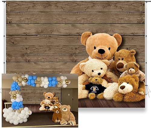 Telón de fondo de madera de 7 x 5 pies, oso para baby shower, lindo oso marrón, muñecas de felpa para amigos, fiesta de recién nacidos, sesión de