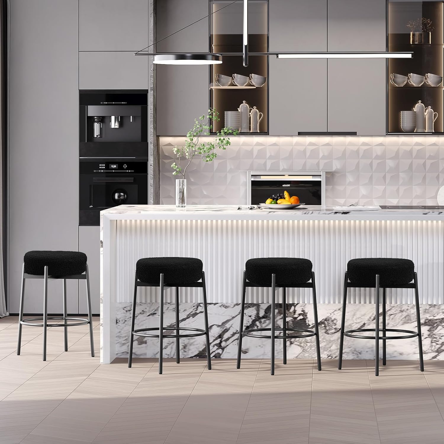 VINGLI Swivel Round Barstools 24" H Set of 4, Teddy Wool Upholstered Barstool, Sherpa Backless Kitchen Island Stool, Counter Height Stools, Black