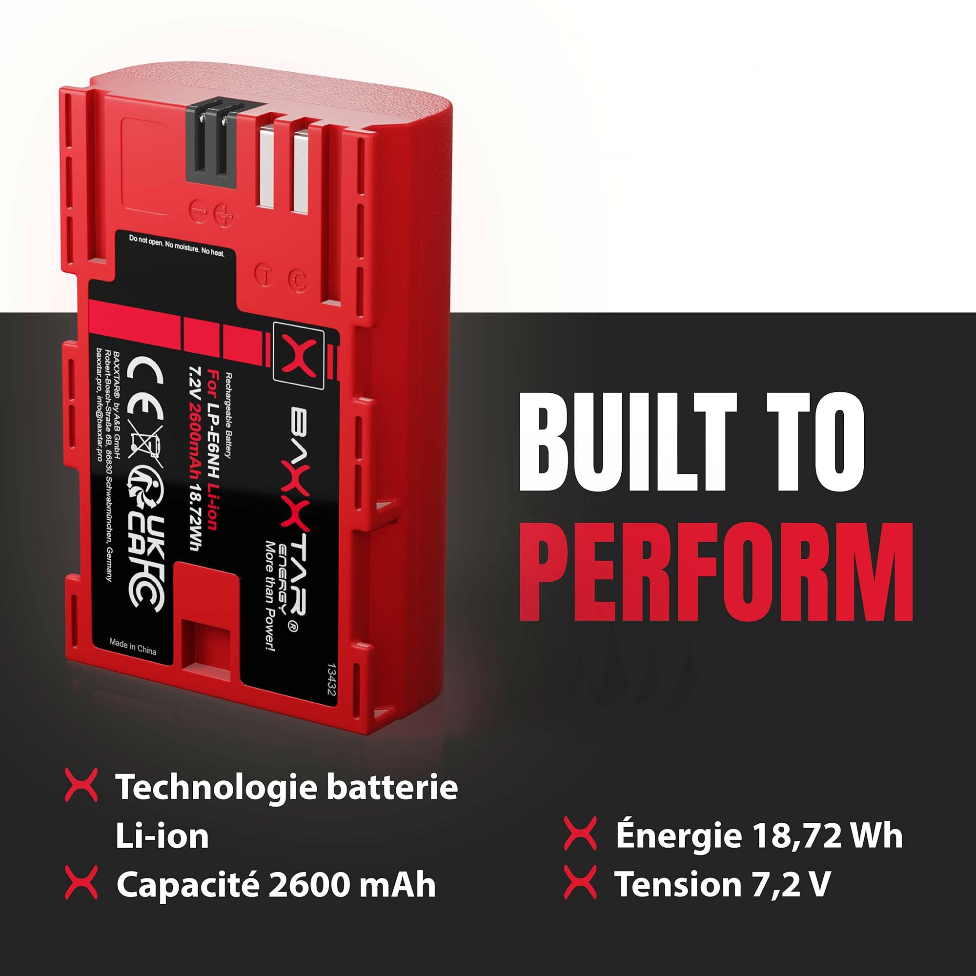 Baxxtar Pro 2X Batterie LP-E6NH 2600mAh – Remplacement pour Canon LP-E6 LP-E6N LP-E6NH – Compatible avec EOS R5 R6 R6II R7 5D III/IV 6D 7D 90D – cellules certifiées UL