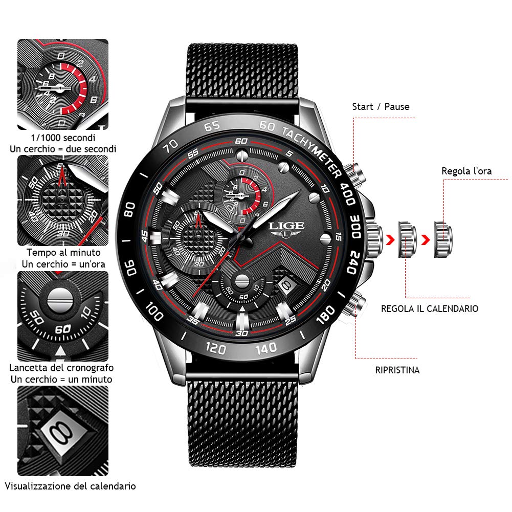 LIGE Orologio al Quarzo Analogico da Uomo Cronografo Impermeabile Orologi