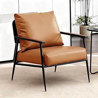 Polstersessel, Kunstleder Sofa mit Massivholz Armlehnen, Loungesessel für Wohnzimmer mit Metallrahmen, Einzelsofa für Wohnzimmer, Empfangsraum, Heimkino, Schlafzimmer,Braun