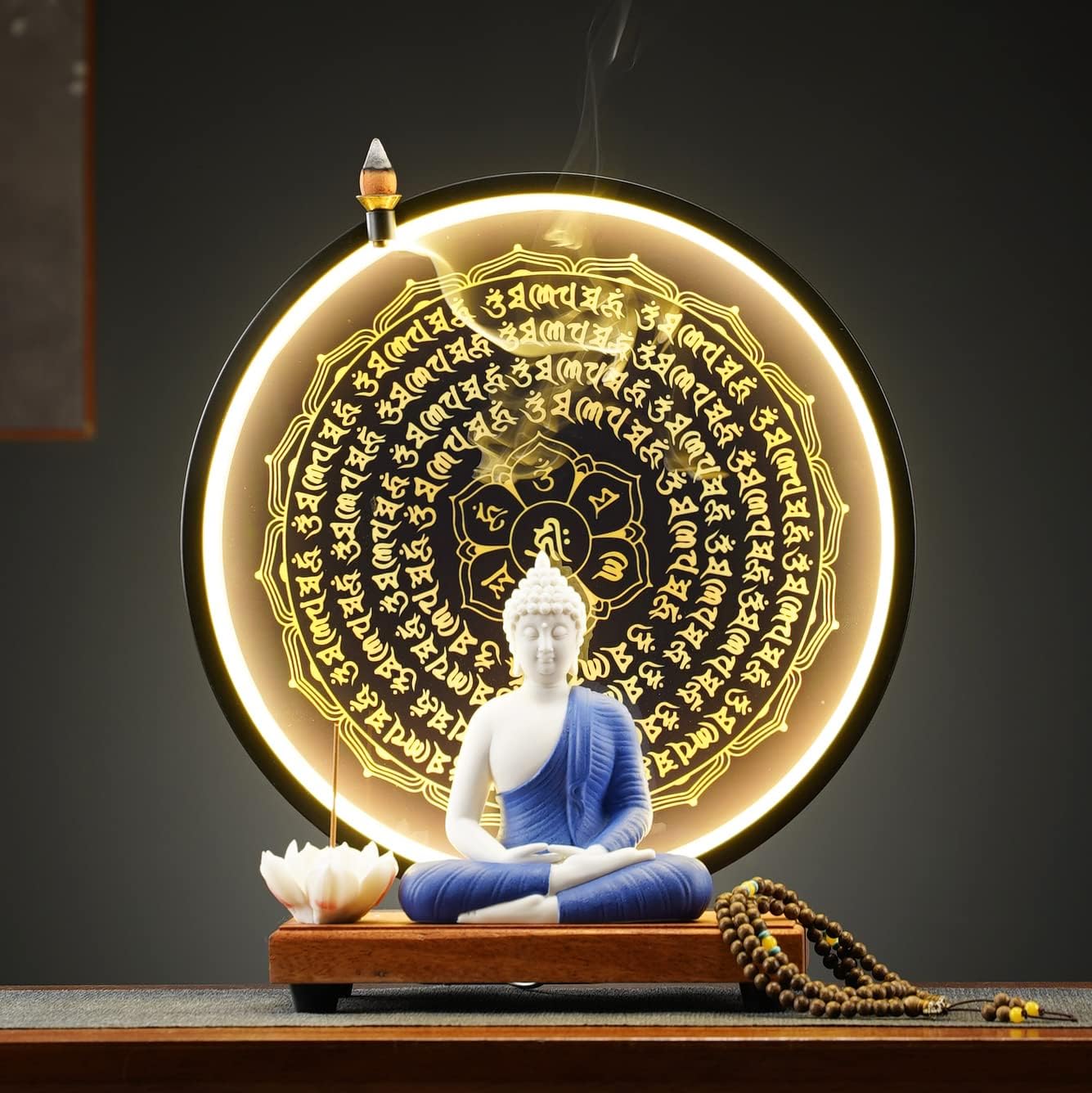 Houlu Blue Buddha Statue and Circle LED Table Lamp, Ceramic Buddha Statue for Home D cor