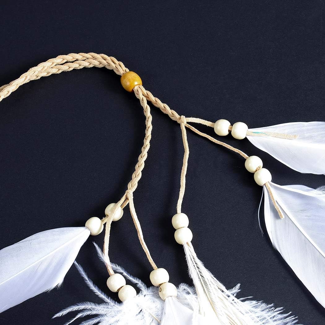 Miniatura 6 de Gangel Bonita diadema de plumas bohemias indias gitanas con borla de plumas blancas cuerda de cáñamo beige para festivales máscaras carnaval disfraz