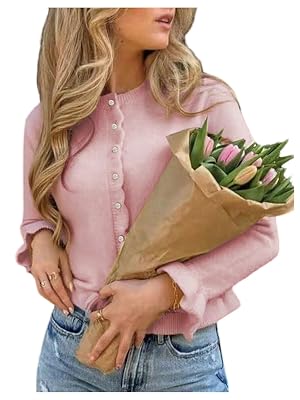 GORGLITTER Womens Button Up Cardigan Sweaters Crew Neck Ruffle Hem Long Sleeve Fall Cardigans Knit Tops