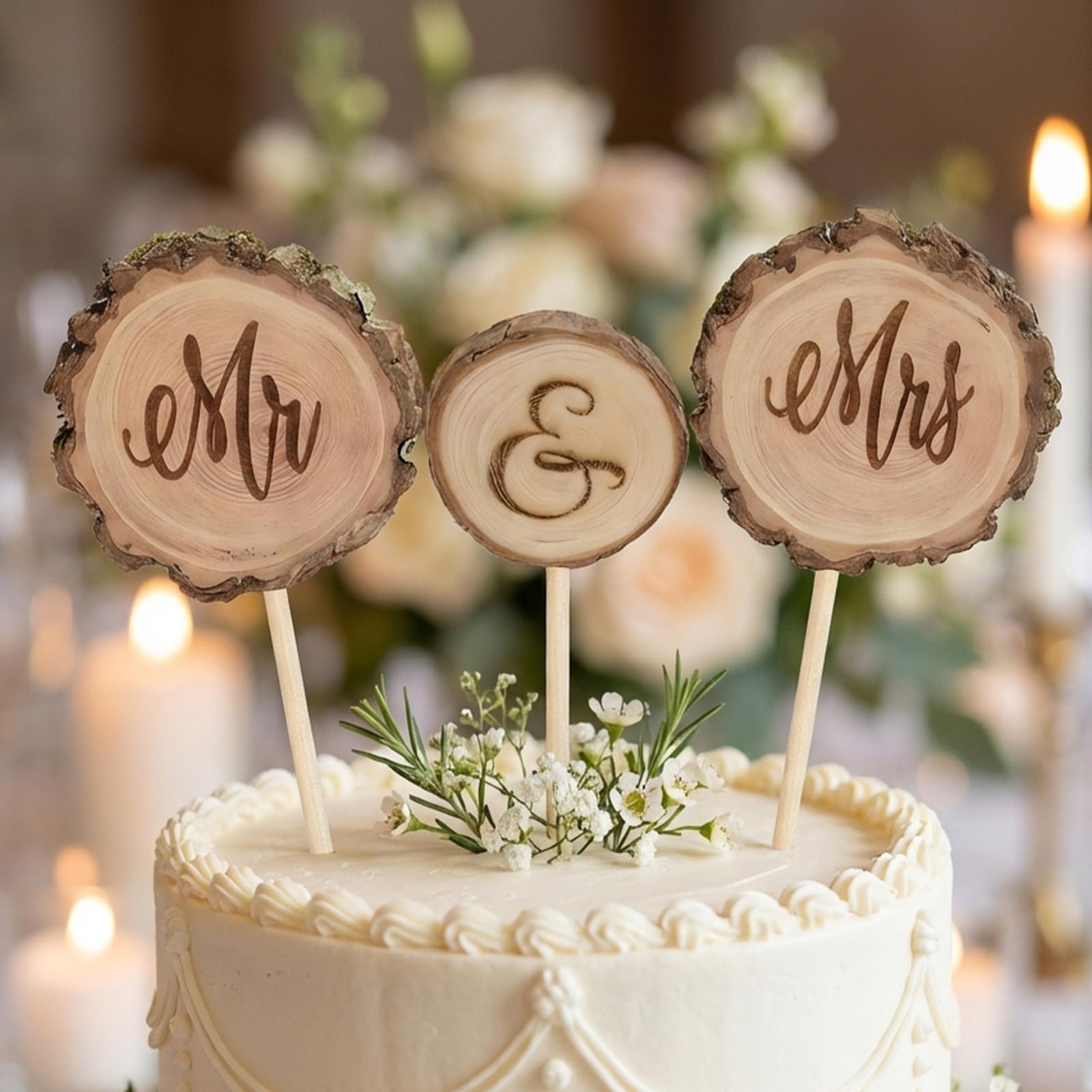 Wedding Cake Topper Set of 3 - Rustic Wooden Mr & Mrs Cake Decorations for Wedding, Just Married Cake Sign with & Symbol - Elegant Wedding Cake Decor — image 1