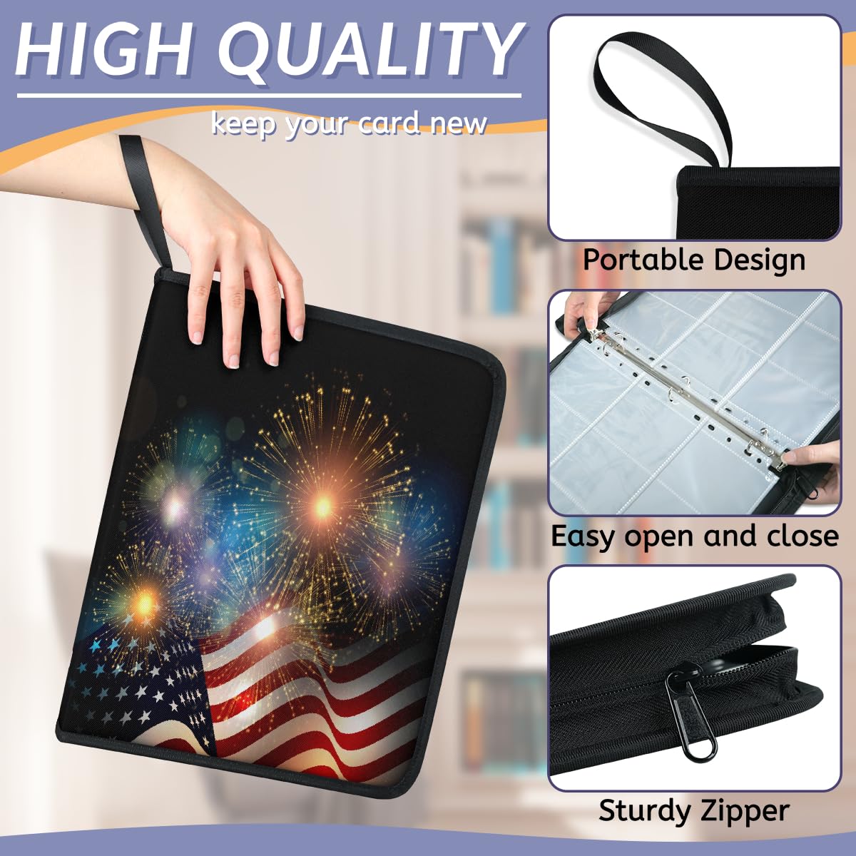 Raccoglitore per carte collezionabili con 9 tasche per il 4 luglio, cartella per carte con bandiera americana, fuochi d'artificio, con maniche rimovibili, impermeabile, con cerniera, 50 pagine