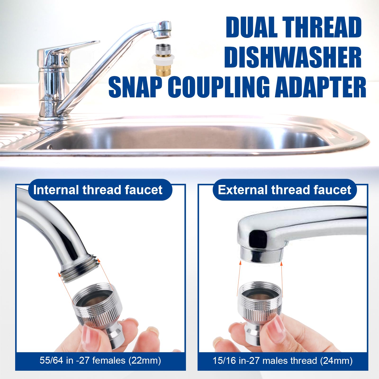 Adaptador de acoplamiento a presión para lavavajillas, adaptador de aireador de conexión rápida para grifo de fregadero interior y exterior, adaptador de manguera de 15/16 a 27 M o 55/64 a 27 F x 3/4