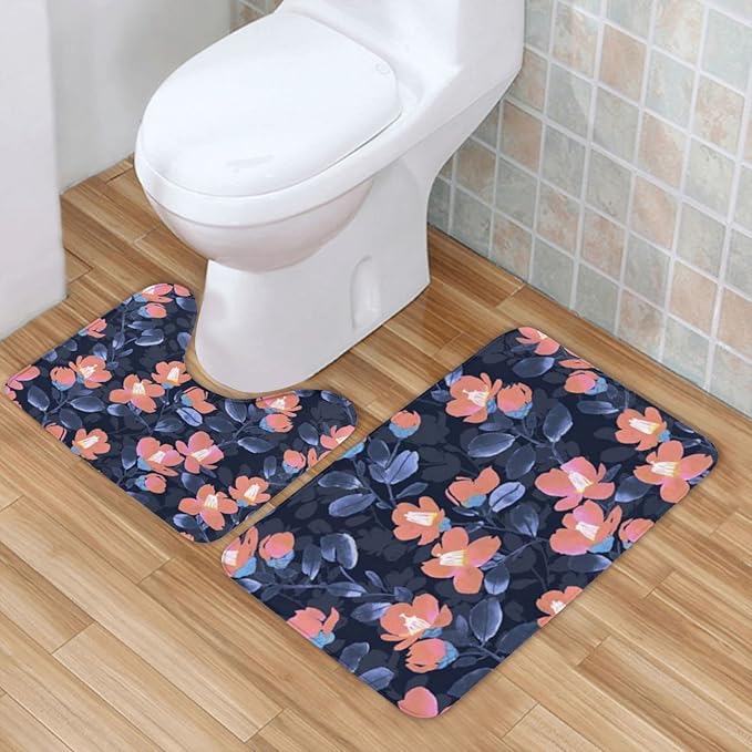 Bathroom Rug 2 Pieces Floral Print Flannel NonSlip Bath Mat Absorbent