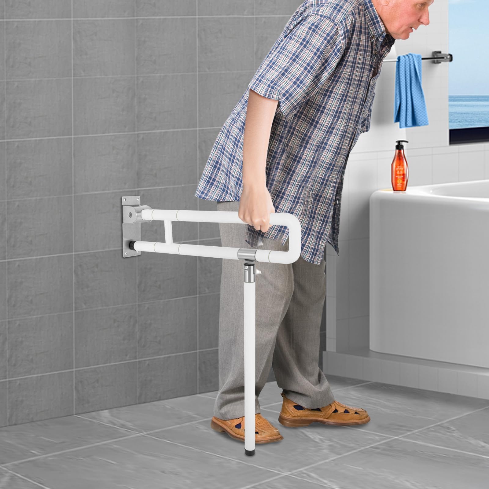Barra de apoyo plegable de seguridad, barra de apoyo plegable para cuarto de baño, mango antideslizante, acero inoxidable, apoyabrazos PMR soporte de pared, plegable 180°, carga 100 kg, para inodoro