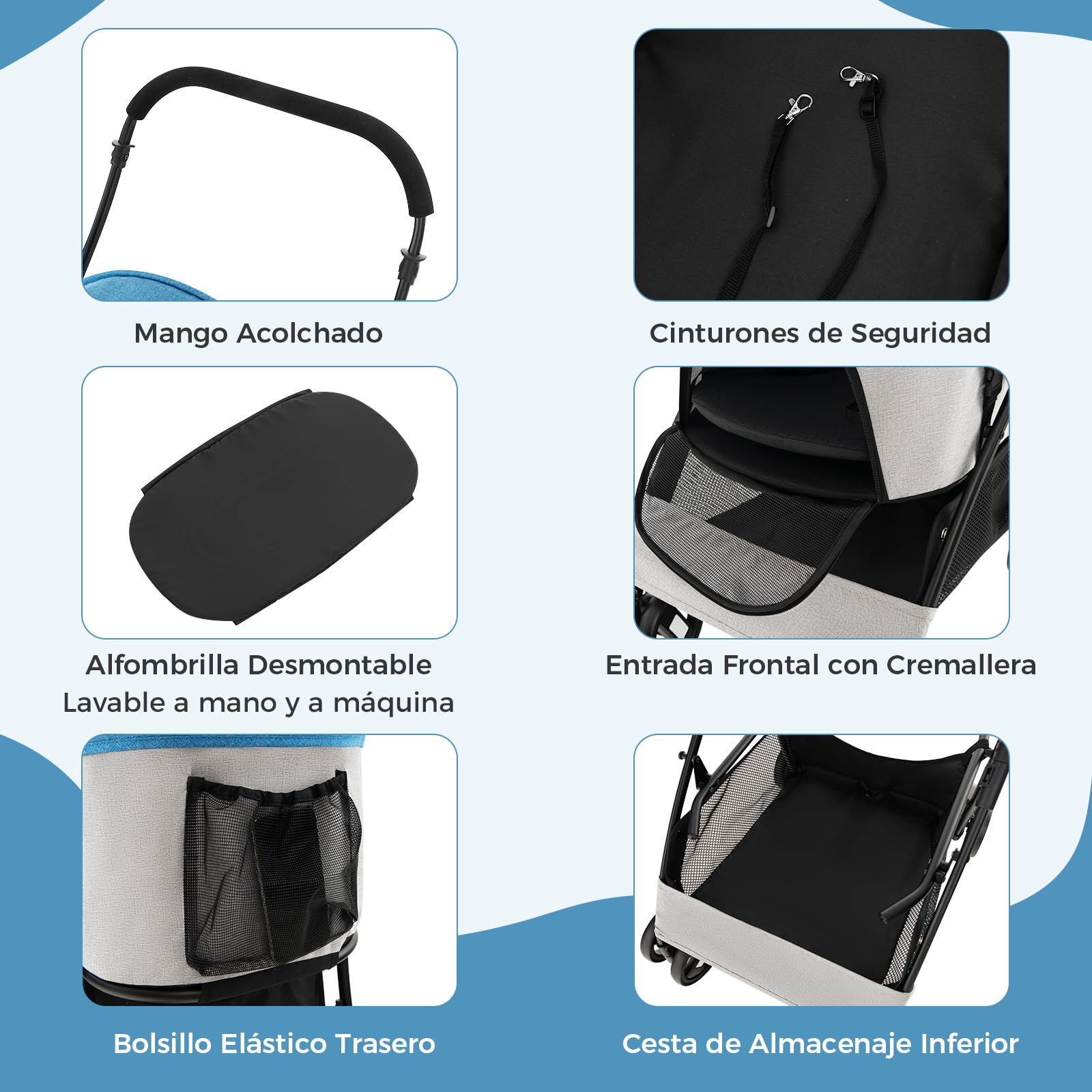 COSTWAY 3 en 1 Cochecito para Mascotas Plegable, Cochecito de Mascotas con Toldo Ajustable de 4 Niveles y Cesta de Almacenamiento, Carrito para Gatos con Porta Asiento de Coche Extraíble (azul)