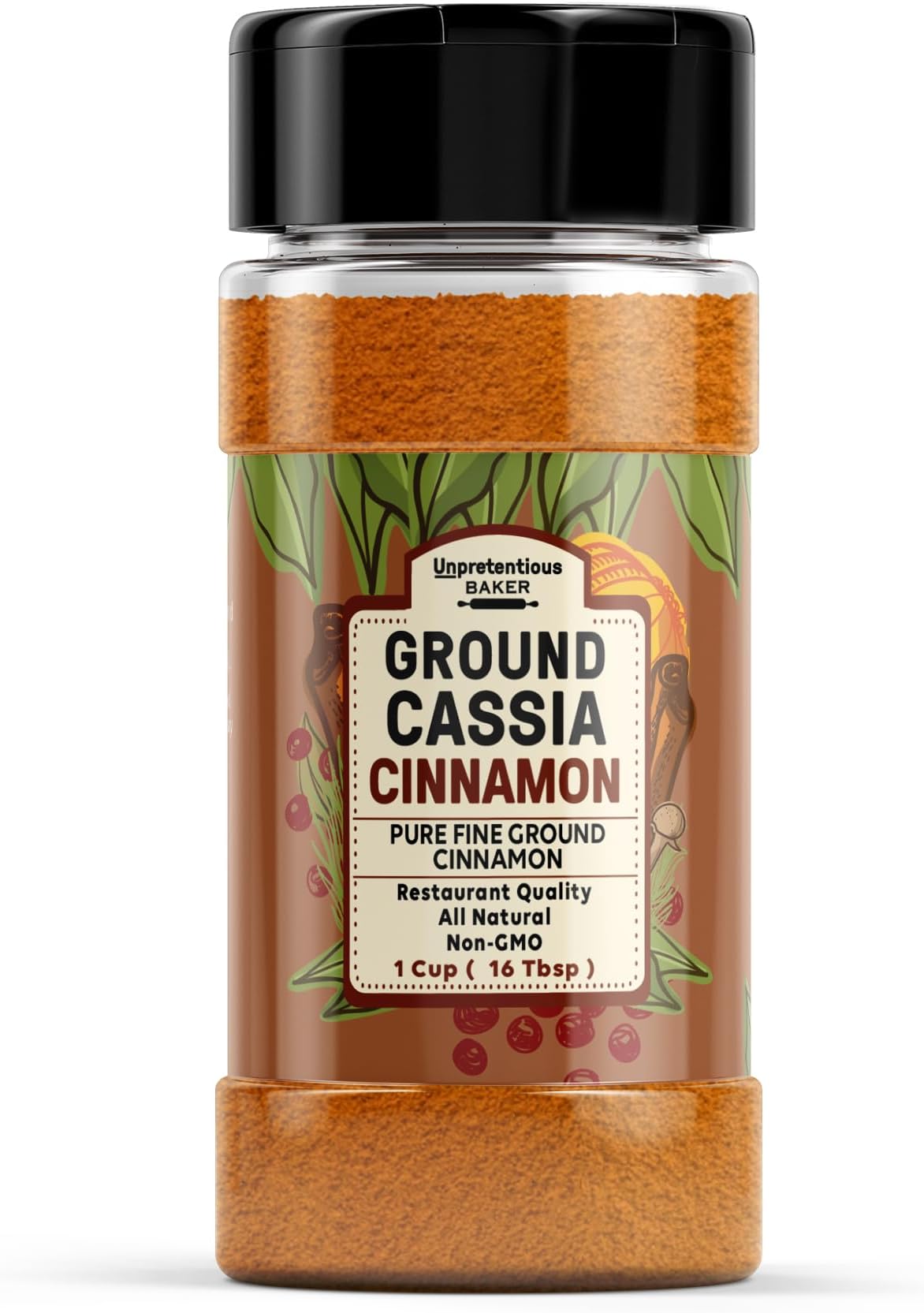 Unpretentious Ground Cassia Cinnamon, 1 Cup Shaker Jar, Pure, Non-GMO & Gluten-Free for Baking & Cooking (4 Ounce)